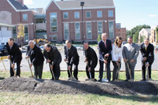 The University of Scranton broke ground for its new 189,000-square-foot apartment and fitness complex on the 900 block of Mulberry Street at a ceremony on Sept. 14. Pictured, from left, are: Bill Sordoni, Sordoni Construction Services Inc.; David Hemmler, Hemmler + Camayd Architects; Rev. Richard Malloy, S.J., vice president for university ministries; Edward Steinmetz, vice president for finance/treasurer; Rev. Scott R. Pilarz, S.J., president; Christopher “Kip” Condron ’70, chair of the Board of Trustees; Rita Dileo ’11, president of student government; Vincent Carilli, Ph.D., vice president for student affairs; and Patrick Leahy, executive vice president.